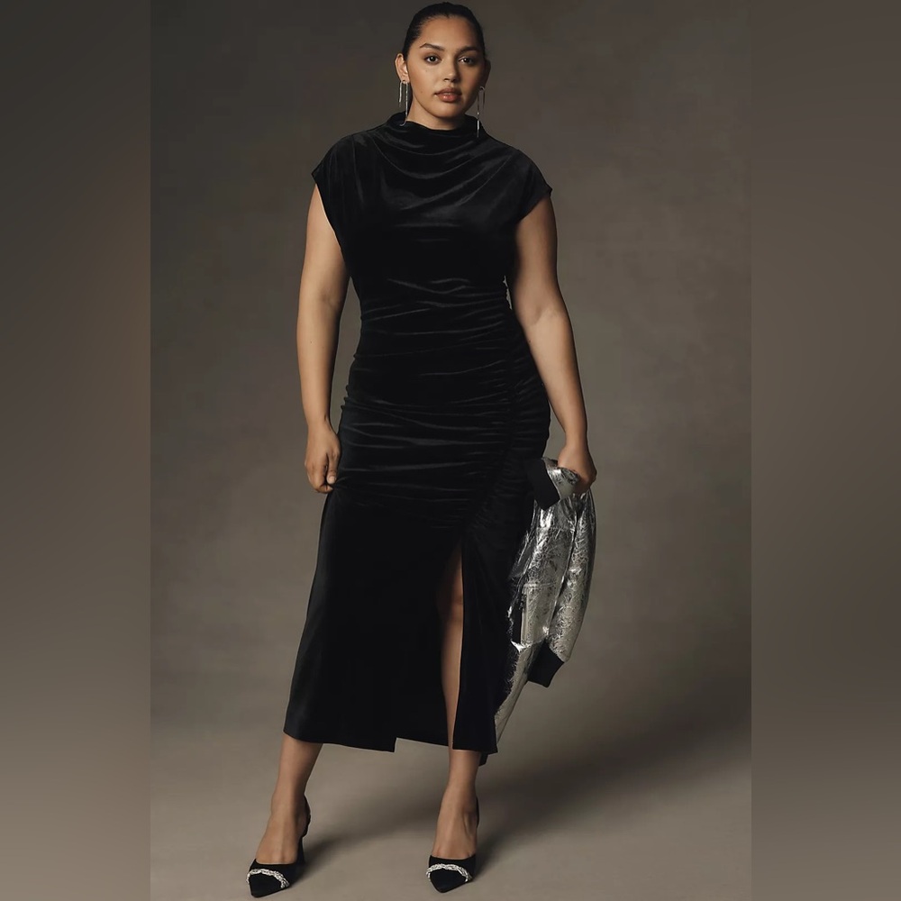 ANTHROPOLOGIE The Maya Stretch Velvet Cowl-Neck Midi Dress Black Size 3X